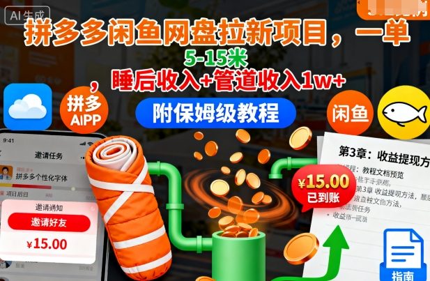 拼多多闲鱼网盘拉新项目，一单5-15米，睡后收入 管道收入1w （附保姆级教程）