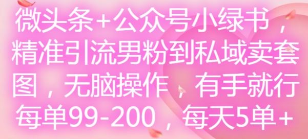 微头条 公众号小绿书，精准引流男粉到私域卖套图，无脑操作，有手就行，每单99-200，每天5单