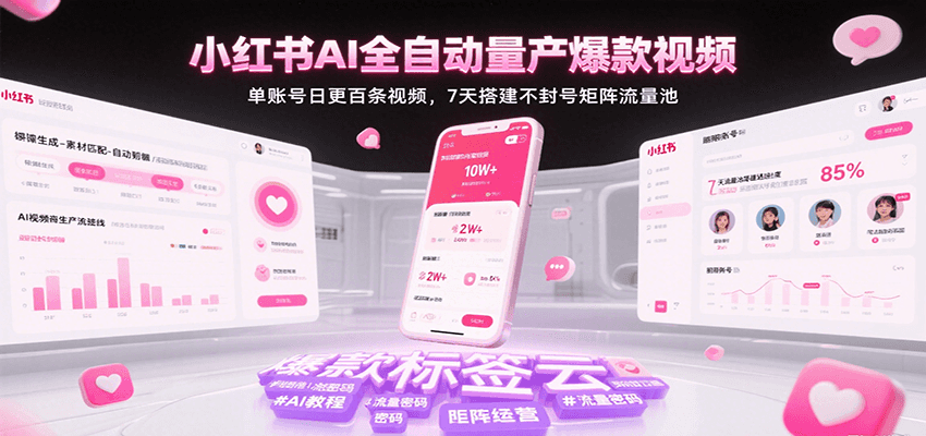 小红书AI全自动量产爆款视频,单账号日更百条视频,7天搭建不封号矩阵流量池