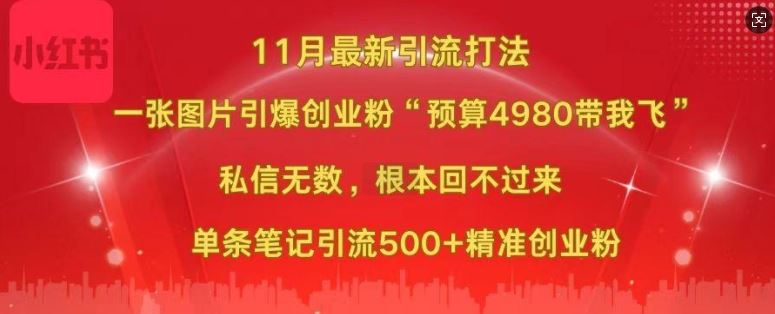 小红书11月最新图片打粉,一张图片引爆创业粉,“预算4980带我飞”,单条引流500 精准创业粉