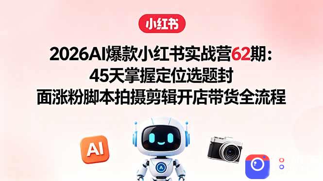 2026AI爆款小红书实战营62期：45天掌握定位选题封面涨粉脚本拍摄剪辑开店带货全流程