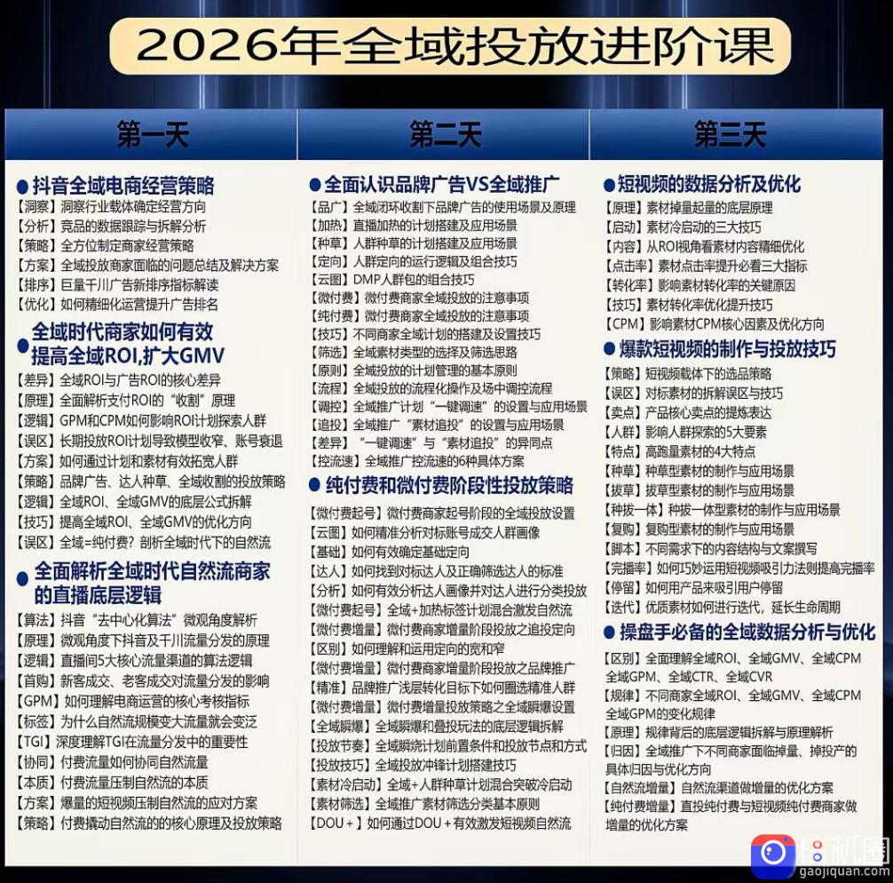 千川扫地僧2026抖音全域投放进阶课,少走弯路·快速起量·掌控增长,6月12-14号杭州线下课