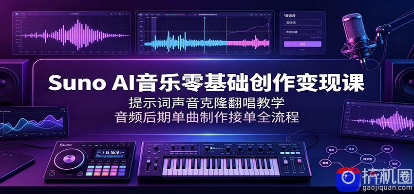 Suno AI音乐零基础创作变现课：提示词声音克隆翻唱教学，音频后期单曲制作接单全流程