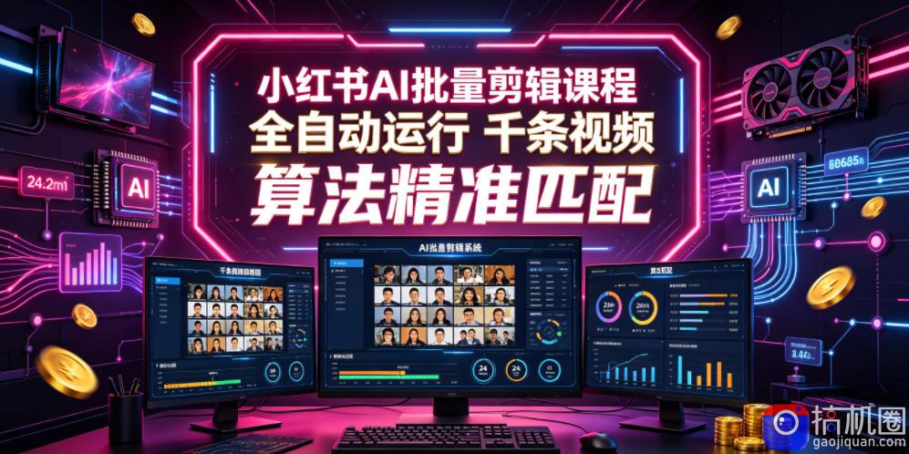 小红书AI批量剪辑课程,24小时全自动运行,解放双手专注运营,千条视频批量处理,小红书算法精准匹配