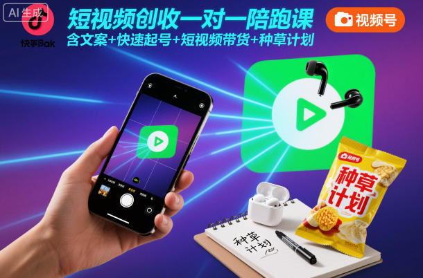 短视频创收一对一陪跑课，含文案 快速起号 短视频带货 种草计划