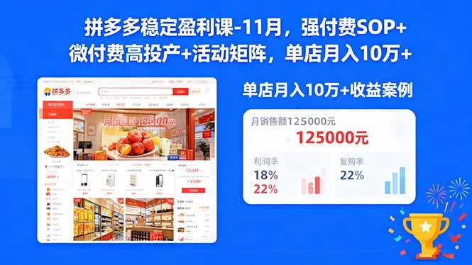 （16557期）拼多多稳定盈利课-11月，强付费SOP 微付费高投产 活动矩阵，单店月入10w 
