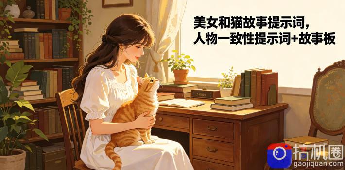 美女和猫故事提示词，人物一致性提示词 故事板
