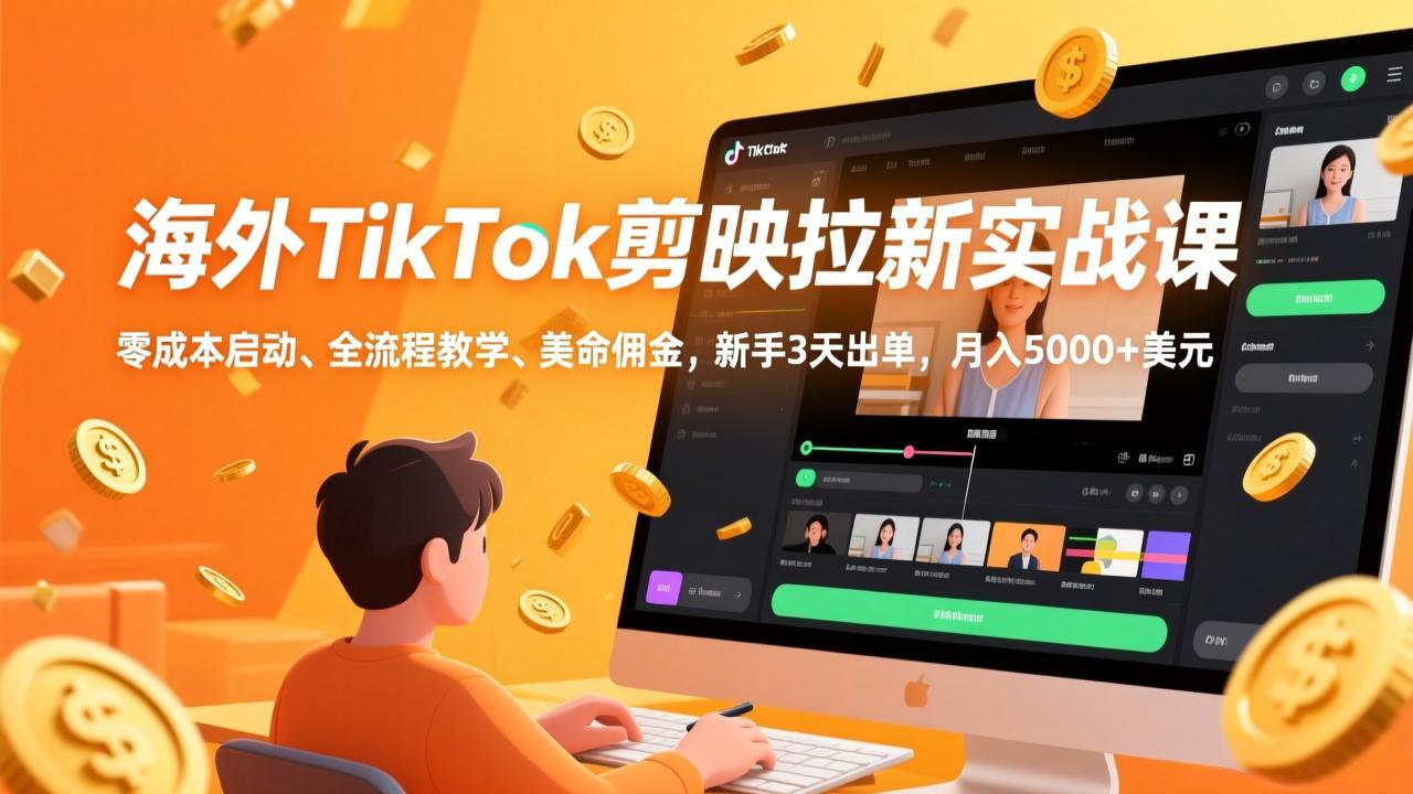 海外TikTok剪映拉新实战课，零成本启动、全流程教学、美金佣金，新手3天出单，月入5000 美元