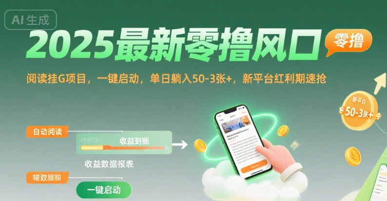 2025最新零撸风口,阅读挂G项目,一键启动,单日躺入 50-3张 ,新平台红利期速抢【揭秘】