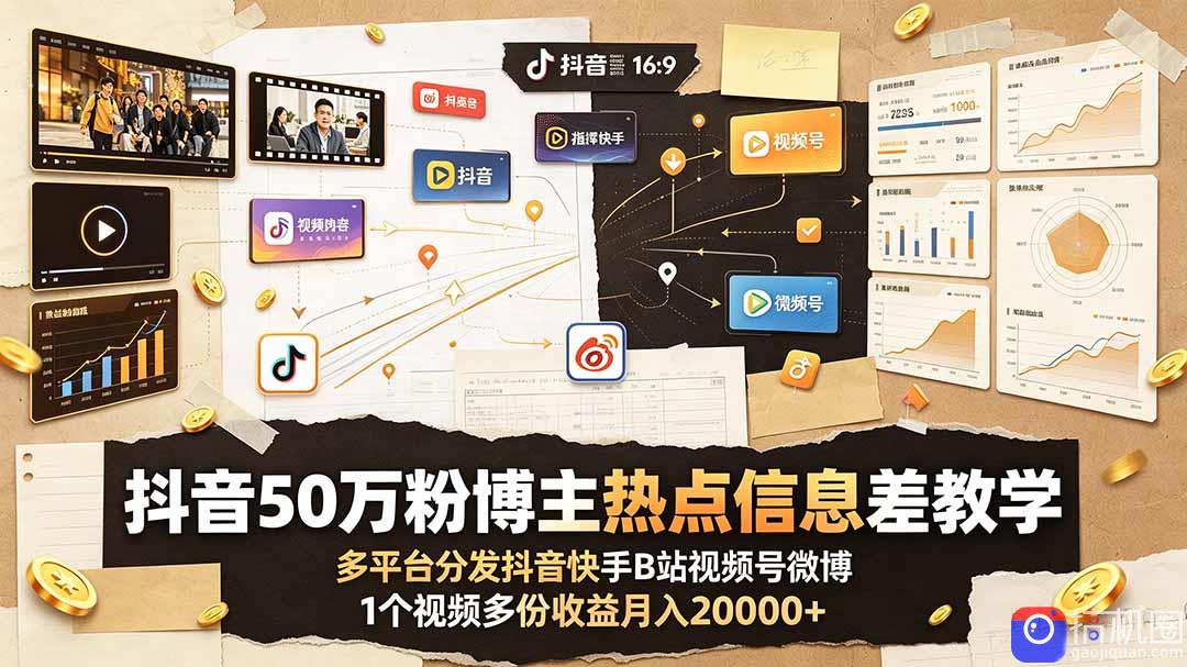 抖音50万粉博主热点信息差教学:多平台分发抖音快手B站视频号微博,1个视频多份收益月入20000