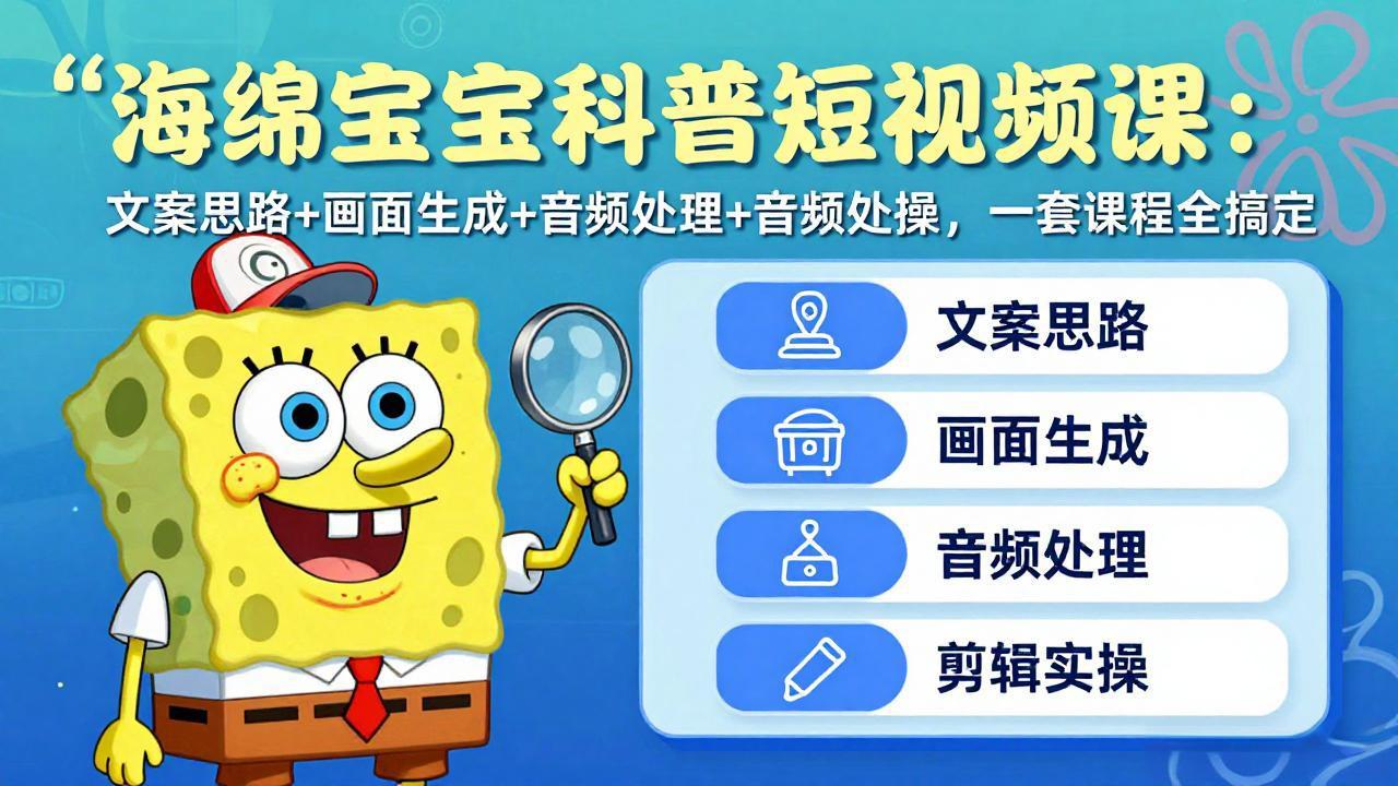 海绵宝宝科普短视频课：文案思路 画面生成 音频处理 剪辑实操，一套课程全搞定