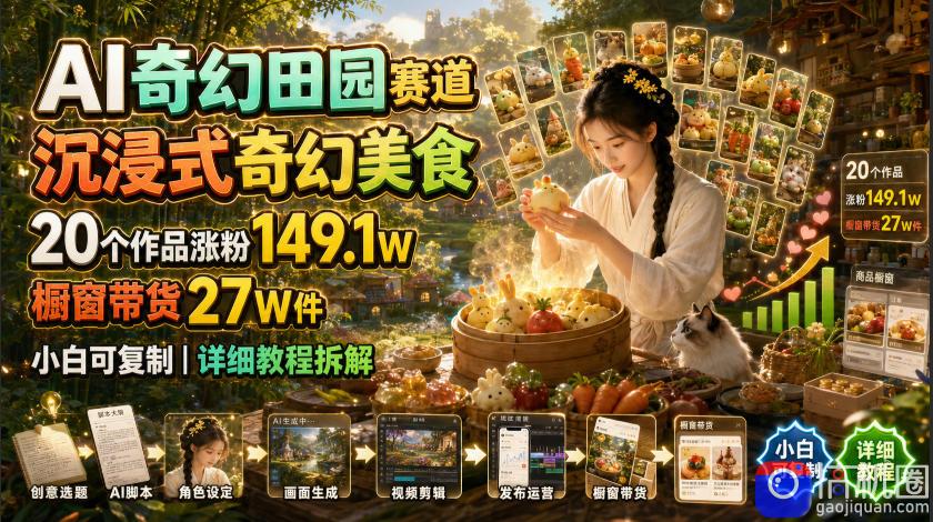 AI奇幻田园赛道,沉浸式奇幻美食,20个作品涨粉149.1W,橱窗带货27W件,小白可复制,详细教程拆解