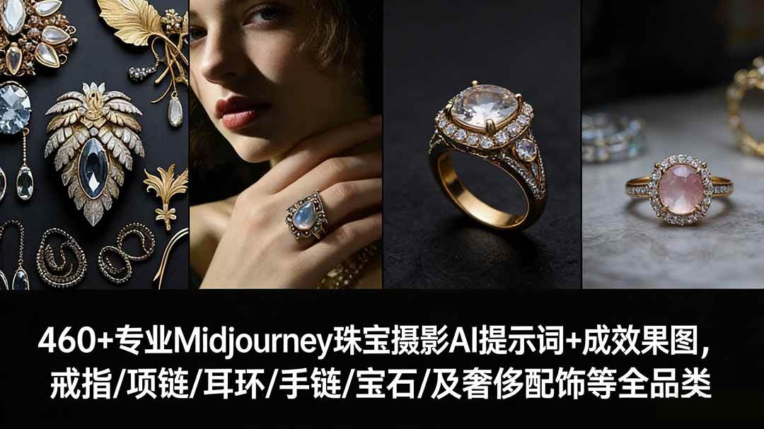 （17272期）460 专业Midjourney珠宝摄影AI提示词 成效果图，戒指/项链/耳环/手链/宝石/及奢侈配饰等全品类