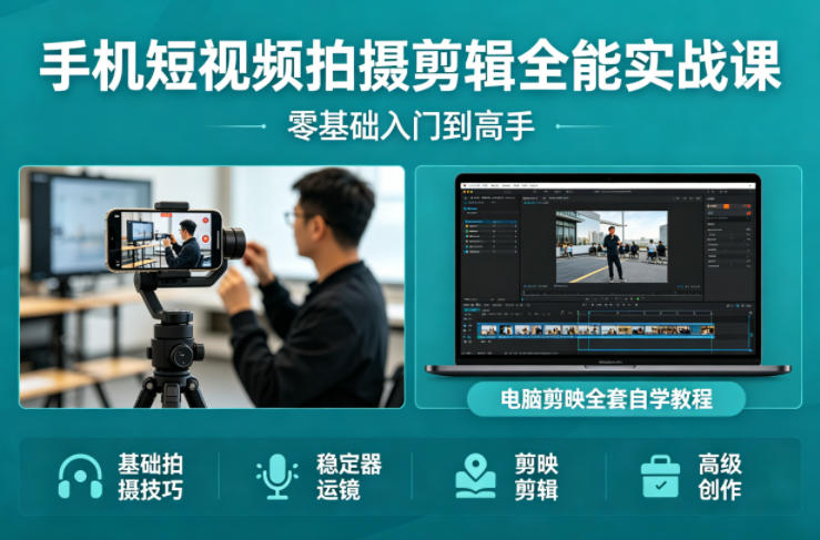 手机短视频拍摄剪辑全能实战课：零基础入门到高手，稳定器运镜 电脑剪映全套自学教程
