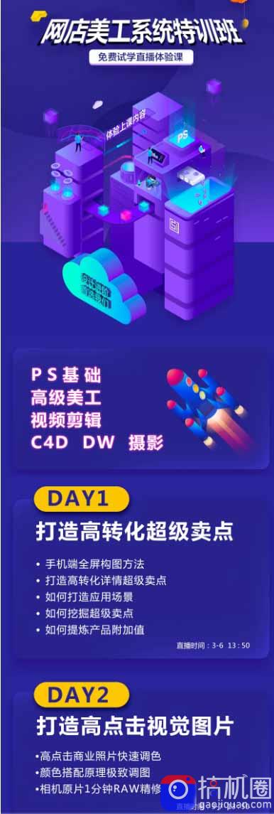 网店美工系统精英班-7月：PS基础×主图设计×海报实战×详情页×首页装修×产品修图×视频剪辑×人像精修。