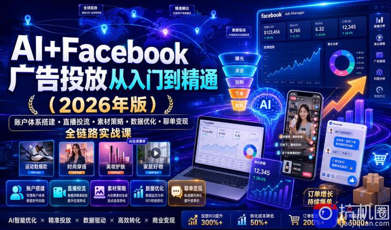 AI Facebook广告投放从入门到精通(2026年版)|账户体系搭建・直播投流・素材策略・数据优化・聊单变现全链路实战课