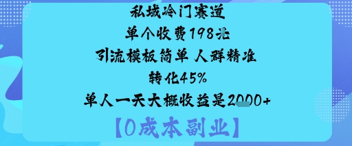 私域冷门赛道:单个收费198米引流模板简单人群精准转化45%单人一天大概收益是1k