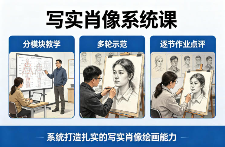 写实肖像系统课，全程分模块教学 多轮示范 逐节作业点评，系统打造扎实的写实肖像绘画能力