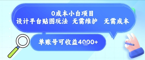 0成本小白项目，设计平台贴图玩法，无需维护，无需成本，单账号单月可产生收益4k 