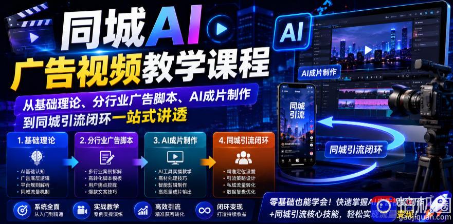 同城AI广告视频教学课程,从基础理论、分行业广告脚本、AI成片制作到同城引流闭环一站式讲透