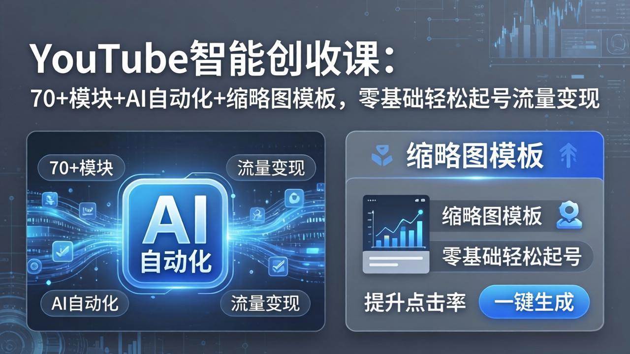 （17926期）YouTube智能创收课：70 模块 AI自动化 缩略图模板，零基础轻松起号流量变现
