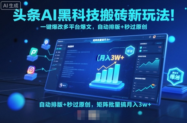 头条AI黑科技搬砖新玩法！一键爆改多平台爆文，自动排版 秒过原创，矩阵批量搞月入3w 【揭秘】