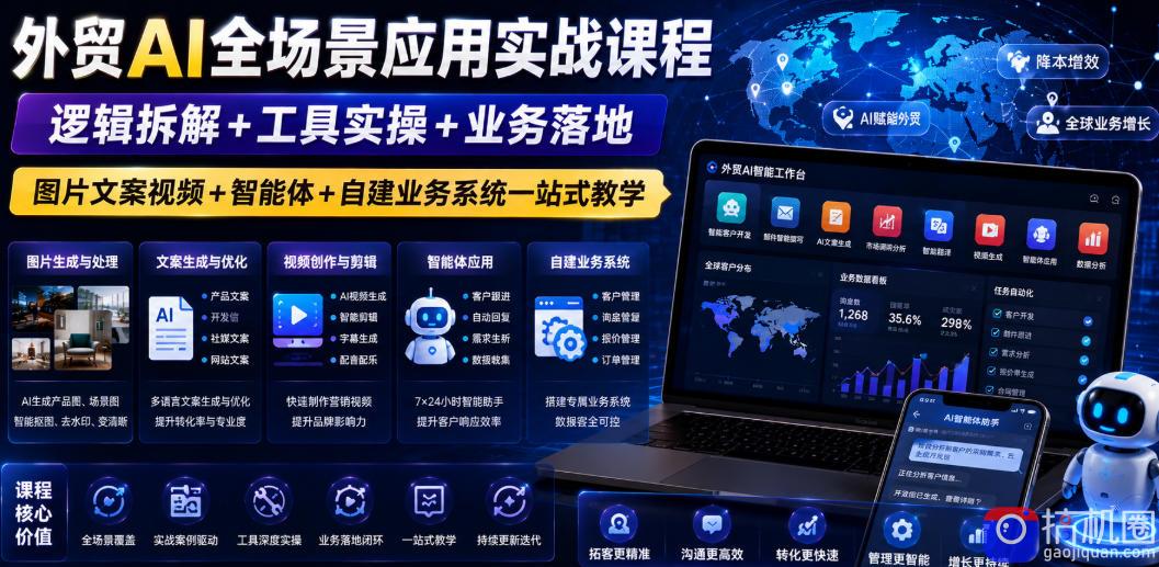 外贸AI全场景应用实战课程｜逻辑拆解 工具实操 业务落地，图片文案视频 智能体 自建业务系统一站式教学