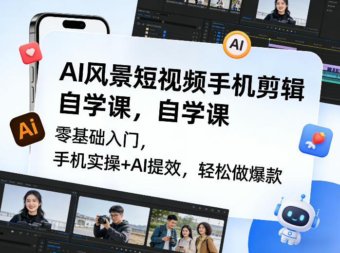 AI风景短视频手机剪辑自学课，零基础入门，手机实操 AI提效，轻松做爆款