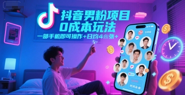 抖音男粉项目0成本玩法，一部手机即可操作，日均4张 ，时间自由