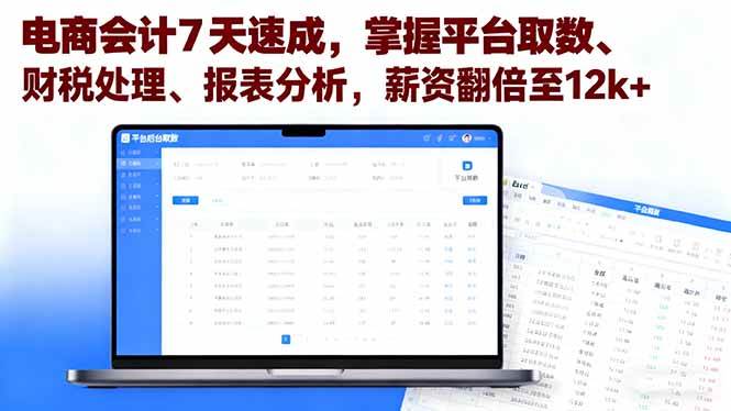 （16192期）电商会计7天速成，掌握平台取数、财税处理、报表分析，薪资翻倍至12k 