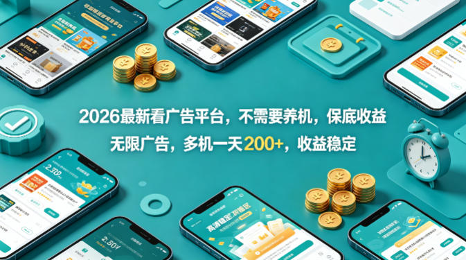2026最新看广告平台，不需要养机，保底收益，无限广告，多机一天200 ，收益稳定【揭秘】