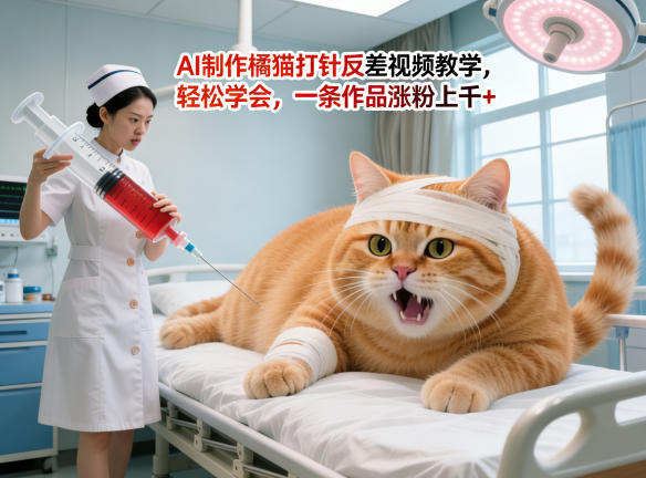 AI制作橘猫打针反差视频教学，轻松学会，一条作品涨粉上千 