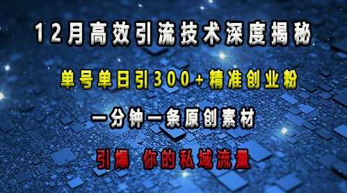 最新高效引流技术深度揭秘 ，单号单日引300 精准创业粉，一分钟一条原创素材，引爆你的私域流量