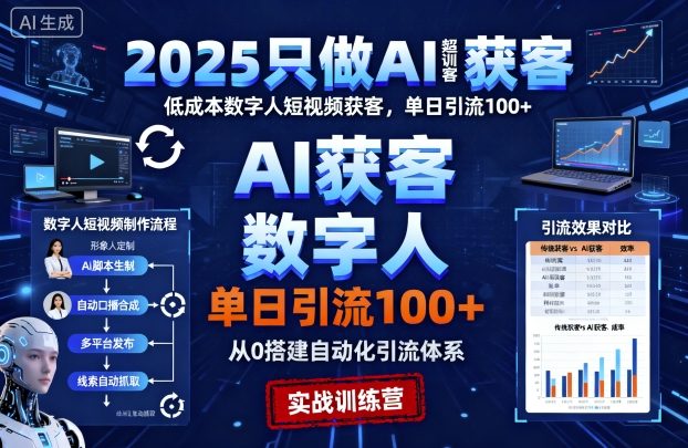 2025只做AI获客，AI超级获客实训营，低成本数字人短视频获客，单日引流100 