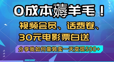 0成本薅羊毛!视频会员、话费卷、30元电影票白送,分享我如何靠转卖一天变现5张 【揭秘】