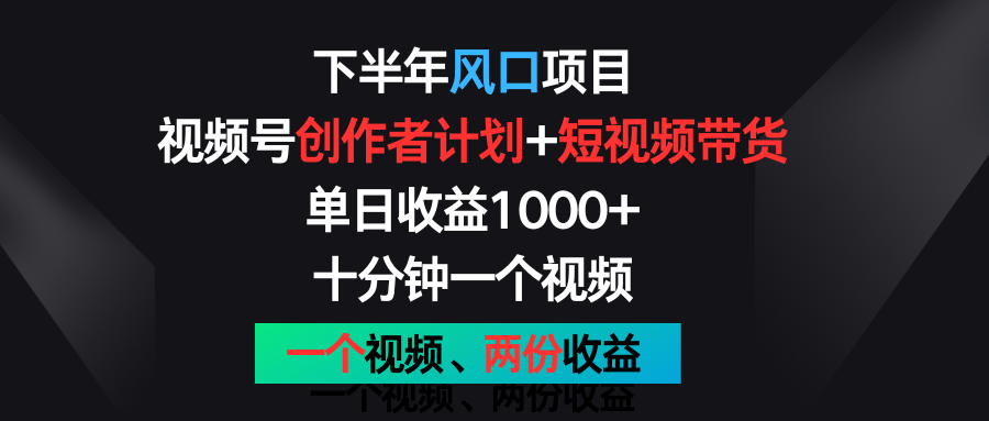 下半年风口项目，视频号创作者计划 视频带货，单日收益1000 ，一个视频两份收益