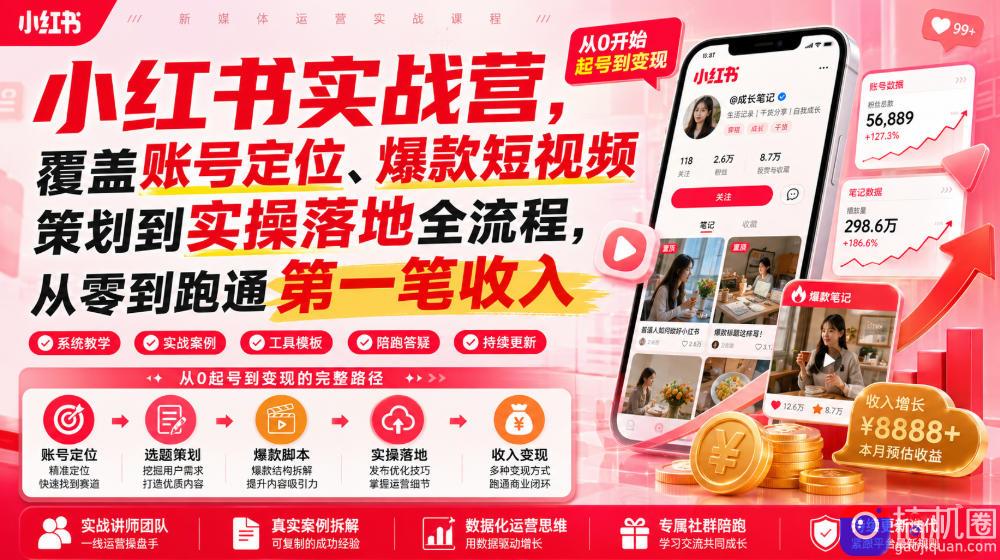 小红书实战营，覆盖账号定位、爆款短视频策划到实操落地全流程，从零到跑通第一笔收入
