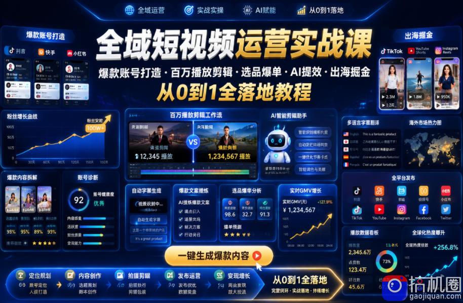 全域短视频运营实战课,爆款账号打造・百万播放剪辑・选品爆单・AI提效・出海掘金,从0到1全落地教程