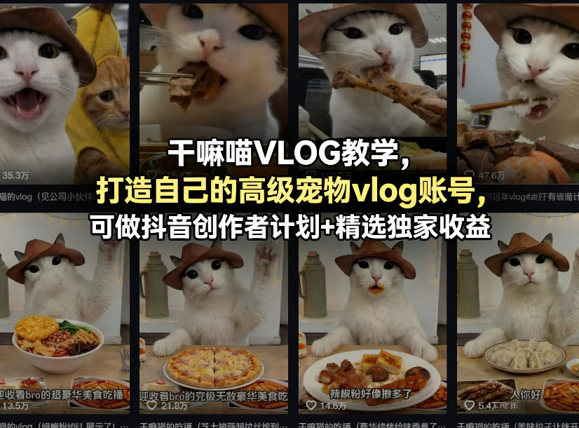 干嘛喵VLOG教学，打造自己的高级宠物vlog账号，可做抖音创作者计划 精选独家收益