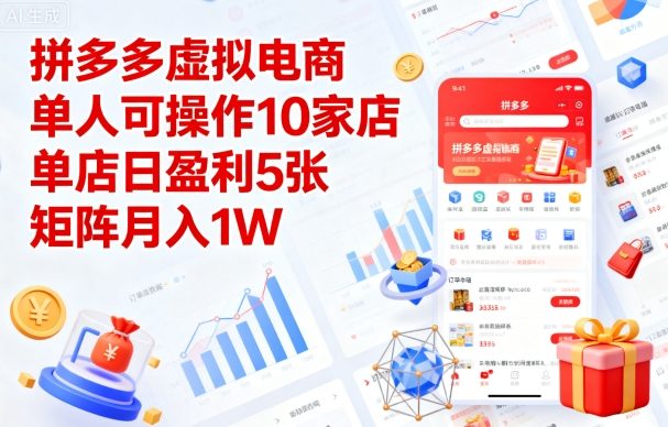 拼多多虚拟电商,单人可操作10家店,单店日盈利5张,矩阵月入1W 【揭秘】