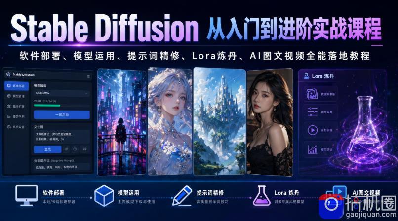 Stable Diffusion从入门到进阶实战课程｜软件部署、模型运用、提示词精修、Lora炼丹、AI图文视频全能落地教程