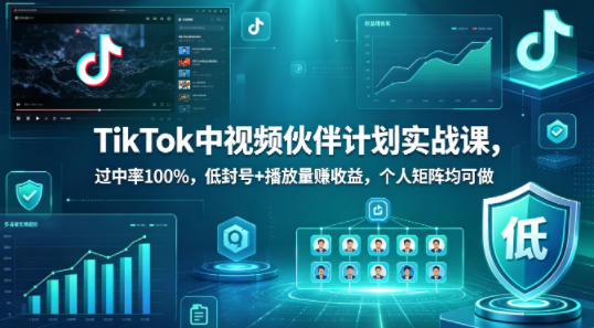 TikTok中视频伙伴计划实战课，过中率100%，低封号 播放量賺收益，个人矩阵均可做
