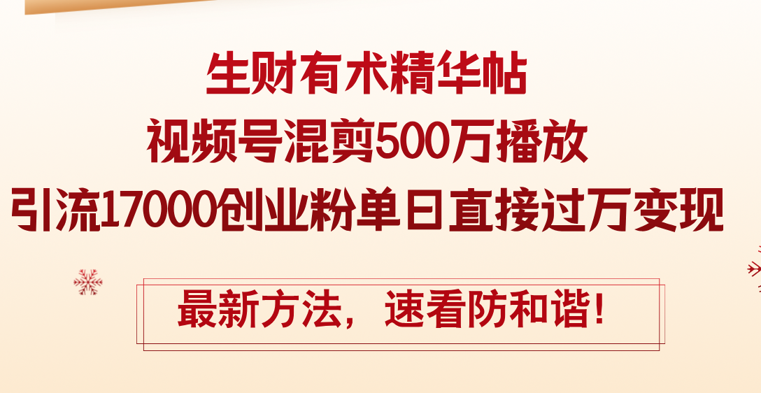 (12391期)精华帖视频号混剪500万播放引流17000创业粉,单日直接过万变现,最新方…