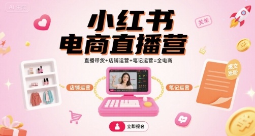 小红书电商直播营，直播带货 店铺运营 笔记运营=全电商