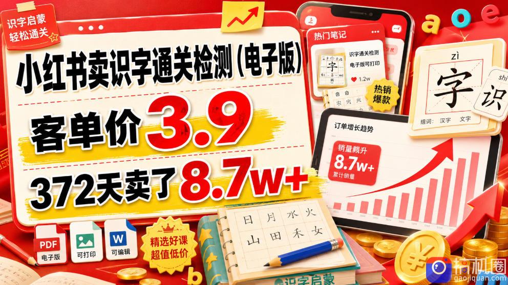 小红书卖识字通关检测(电子版),客单价3.9,372天卖了8.7w