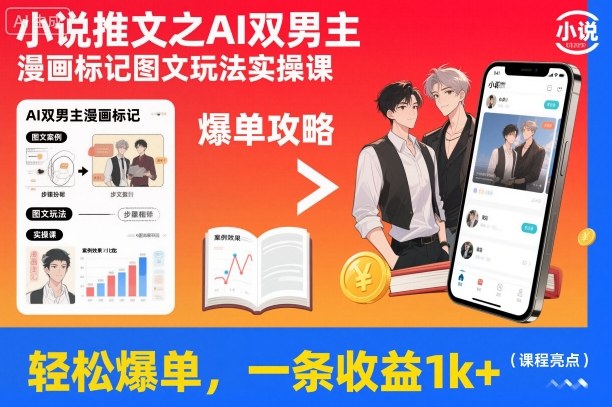 小说推文之AI双男主漫画标记图文玩法实操课，轻松爆单，一条收益1k 