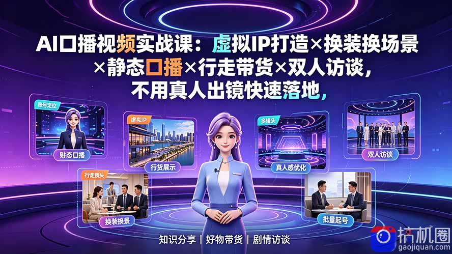 AI口播视频实战课：虚拟IP打造×换装换场景×静态口播×行走带货×双人访谈，不用真人出镜快速落地