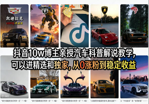 抖音10w博主亲授汽车科普解说教学，可以进精选和独家，从0涨粉到稳定收益（详细视频课程 1T素材）