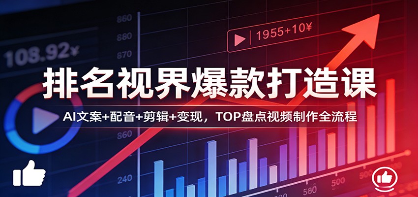 排名视界爆款打造课：AI文案 配音 剪辑 变现，TOP盘点视频制作全流程