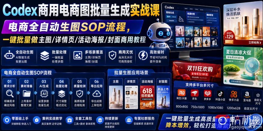 Codex商用电商图批量生成实战课｜电商全自动生图SOP流程，一键批量做主图/详情页/活动海报/封面商用教程